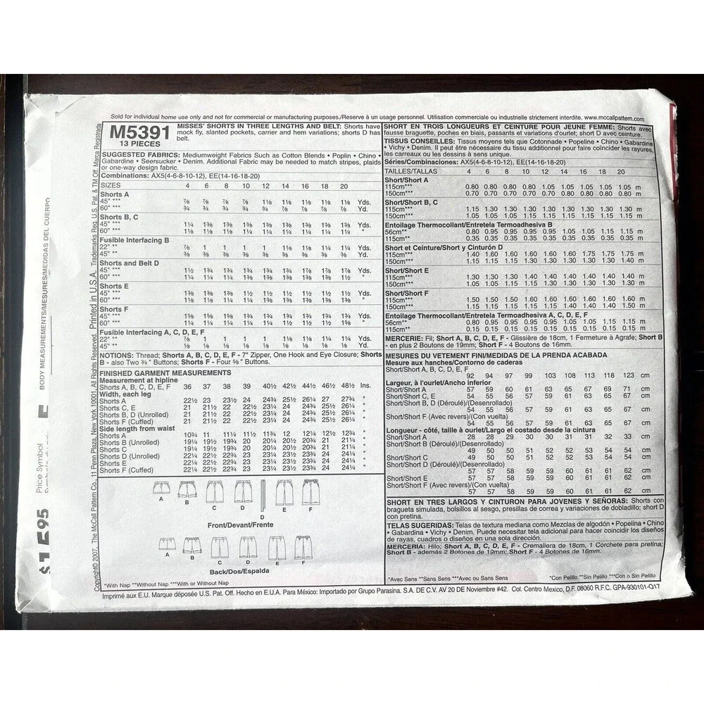 Misses Shorts Pattern McCalls 5391 Sz 4-12 Six Shorts 3 Lengths Belt UNCUT 2007